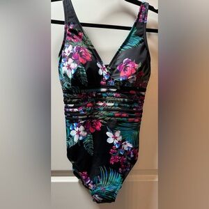 Aqua Green Black and Pink One-Piece Swimsuit with Floral Design